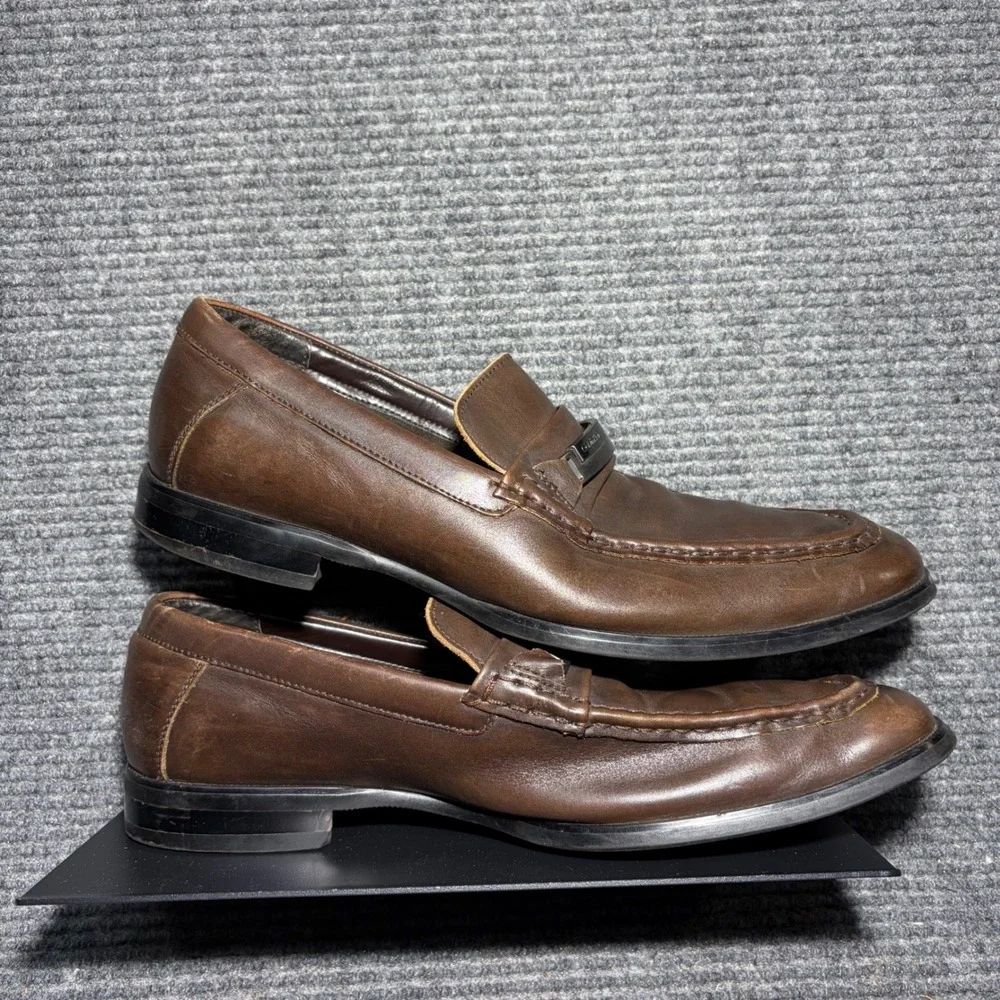 Calvin Klein Cordell Mens Brown Leather Square Toe Loafers Shoes 12M 34F0254